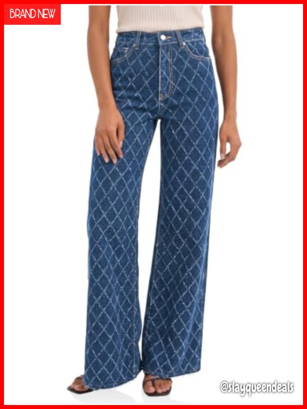 Womens Wide Leg High Rise Denim Jeans Stretchy Argyle Print Casual Pants